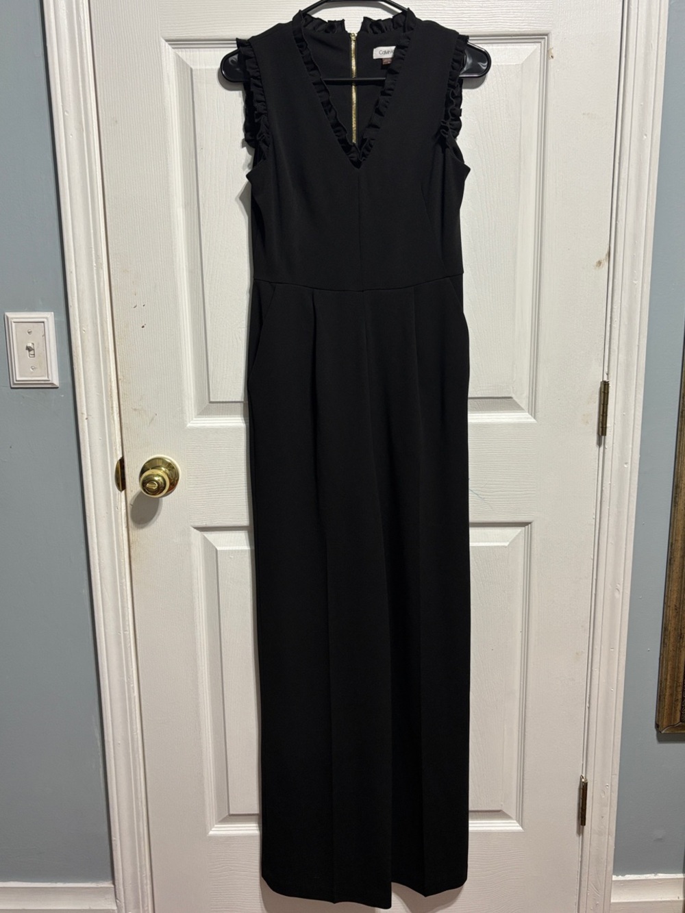 Calvin Klein Black Ruffle-Trim Sleeveless Jumpsuit